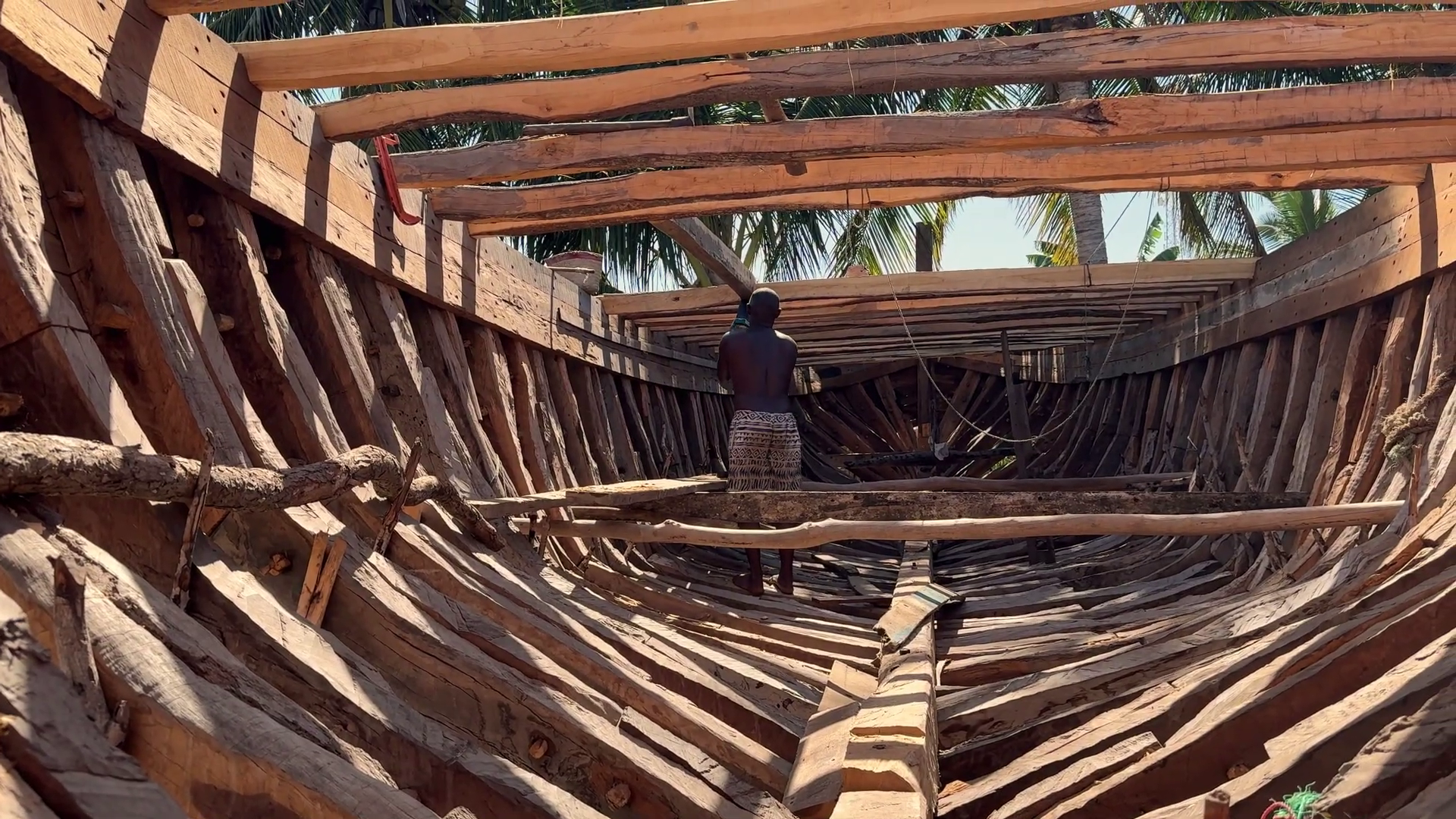 Intérieur d'une coque de goélette en construction — charpente nervurée en bois de ramy